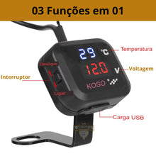 Carregar imagem no visualizador da galeria, Medidor de temperatura para moto, medidor de voltagem moto, voltimetro para moto, carregador usb moto