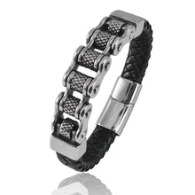 Carregar imagem no visualizador da galeria, Pulseira IRON RIDER — Couro Trançado &amp; Aço Inoxidável Estilo Biker
